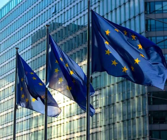EU flags in front of a modern building