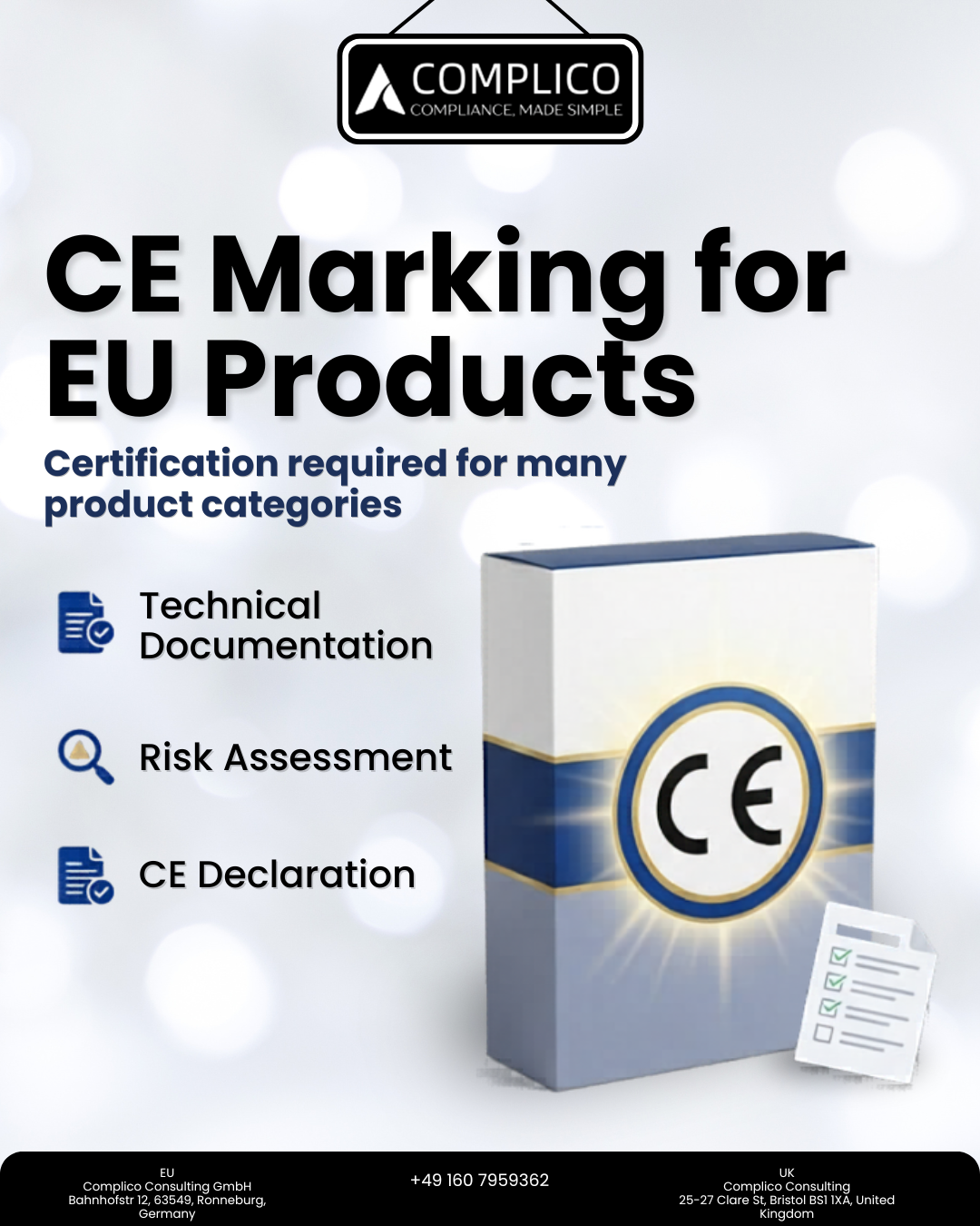 CE Marking for EU Products, CE Marking, CE Certification, CE Compliance, EU Product Compliance, CE Declaration of Conformity, Technical Documentation, Risk Assessment, EU Authorised Representative