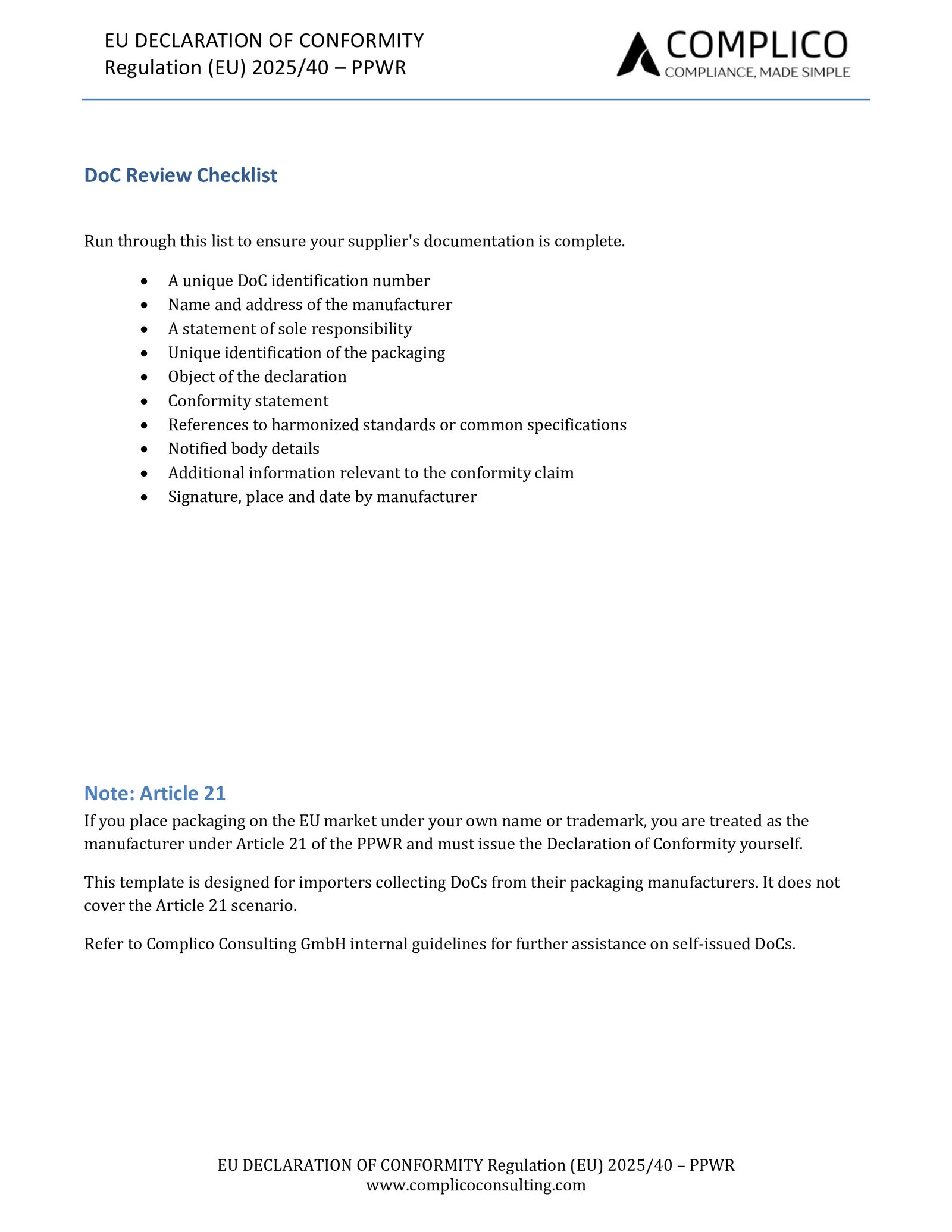 PPWR Declaration of Conformity Template Complico