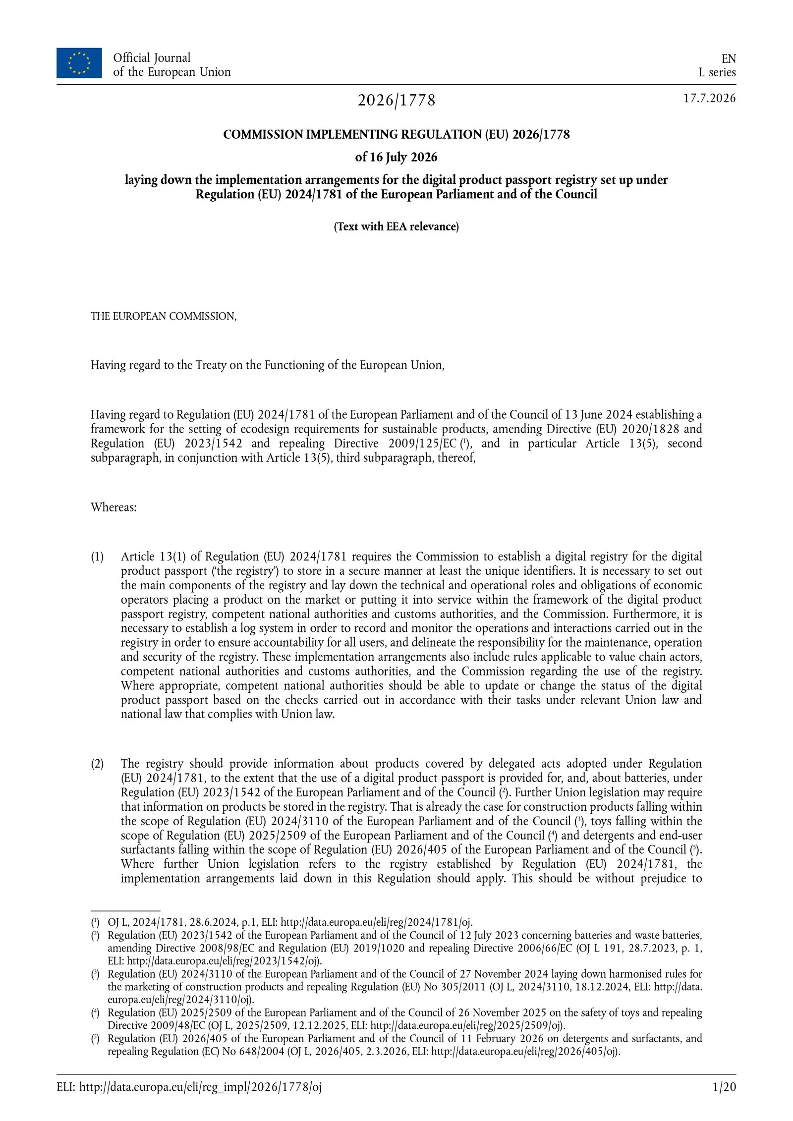 Digital product passport registry Regulation (EU) 2024 1781